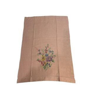 Vintage Pink Linen Cross Stitch Napkin Floral Stain 14" x 19"